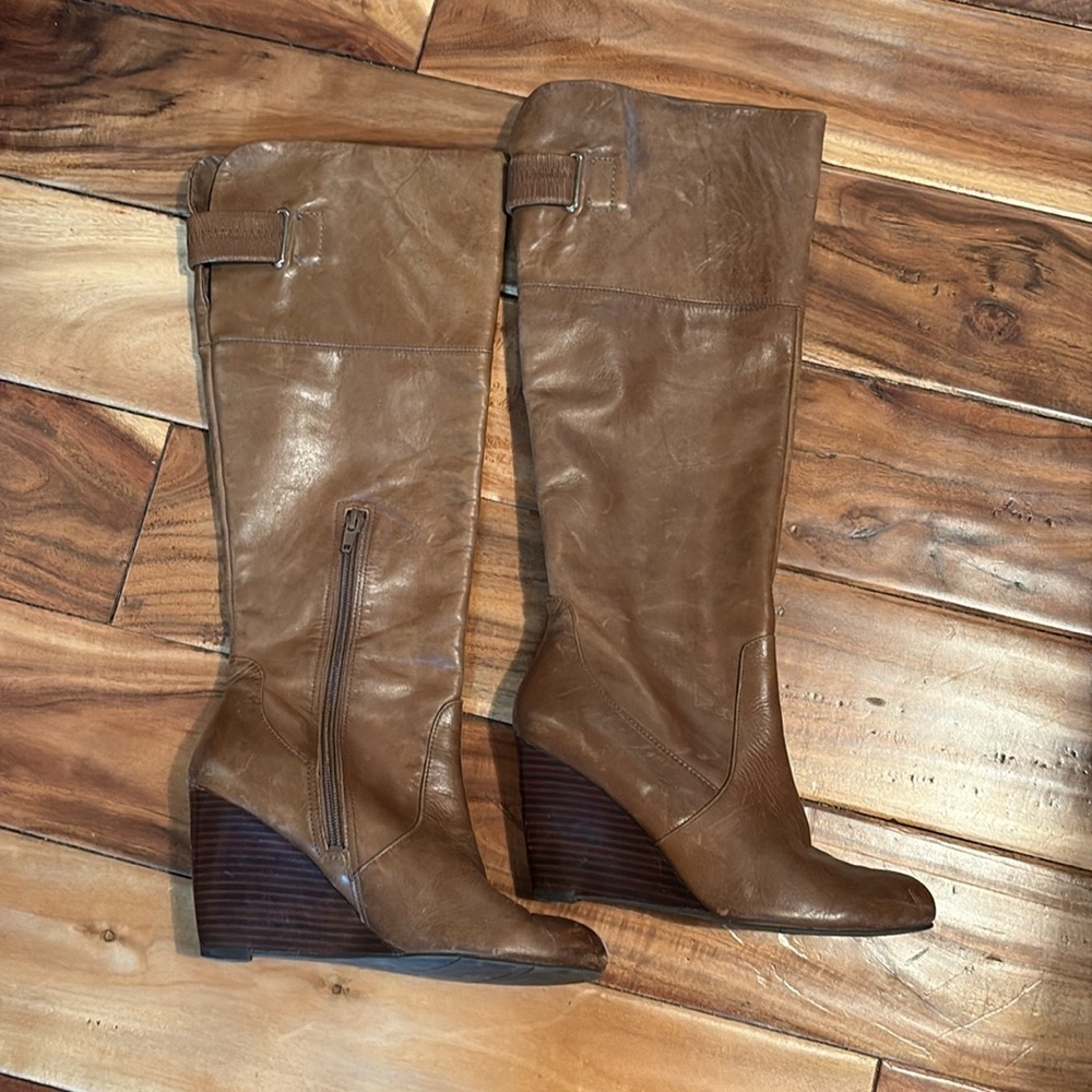 Ladies 9 West Olishao Tall Wedge Boots. Color Saddle. 6.5
